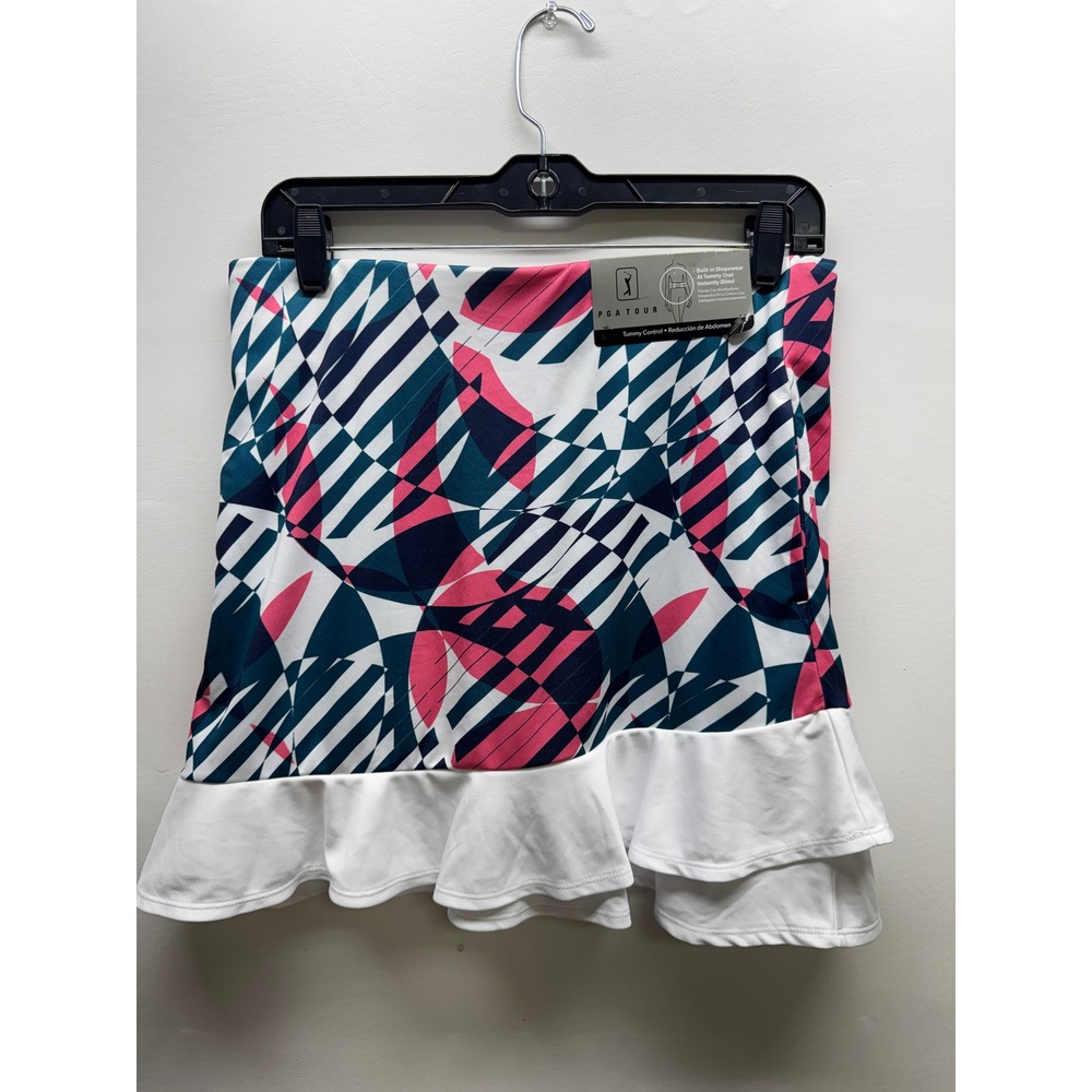 PGA Tour Skort Women M Pink Blue Geometric Tummy Control Ruffle Hem Performance - Picture 1 of 8
